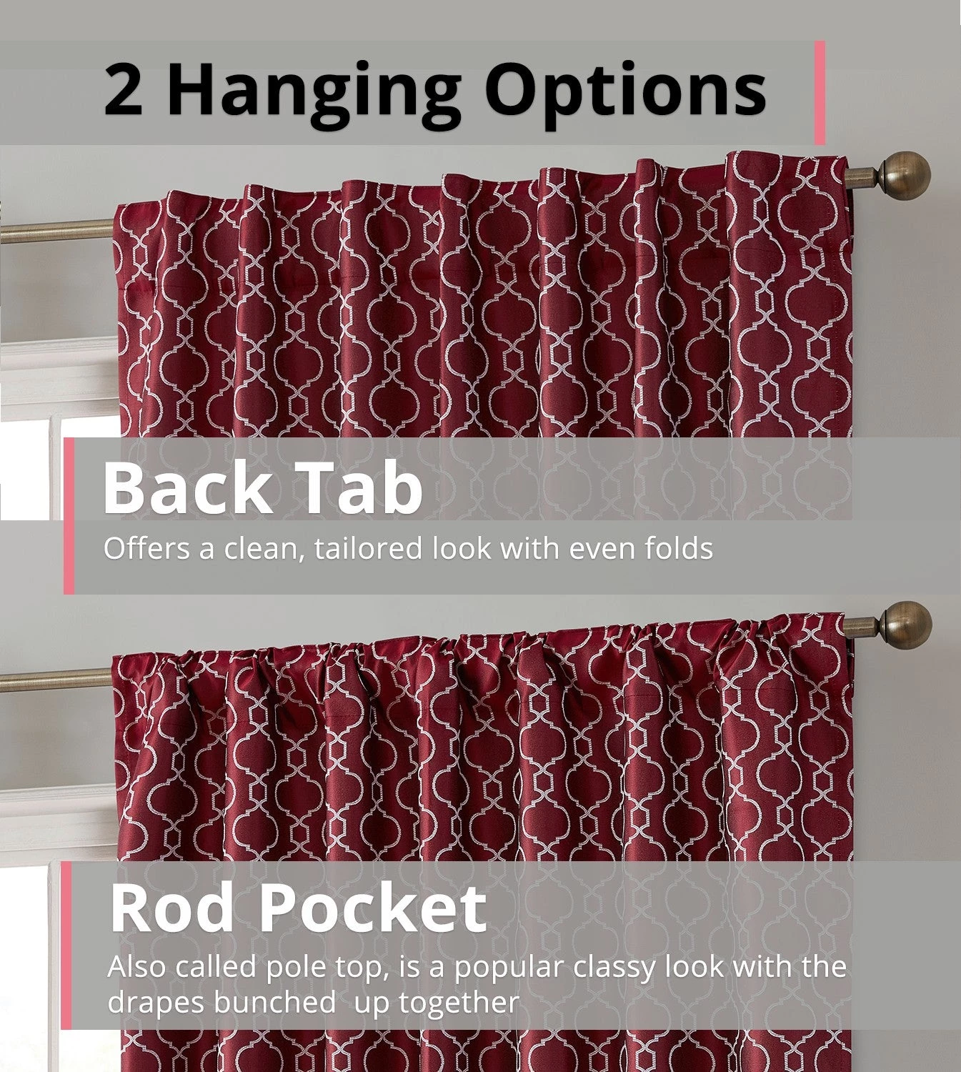 HLC.ME Blackout Curtains Franklin Moroccan Trellis 100% Complete Blackout Back Tab Curtains - Burgundy - Set Of 2 5 HLC.ME Blackout Curtains Franklin Moroccan Trellis 100% Complete Blackout Back Tab Curtains - Burgundy - Set Of 2