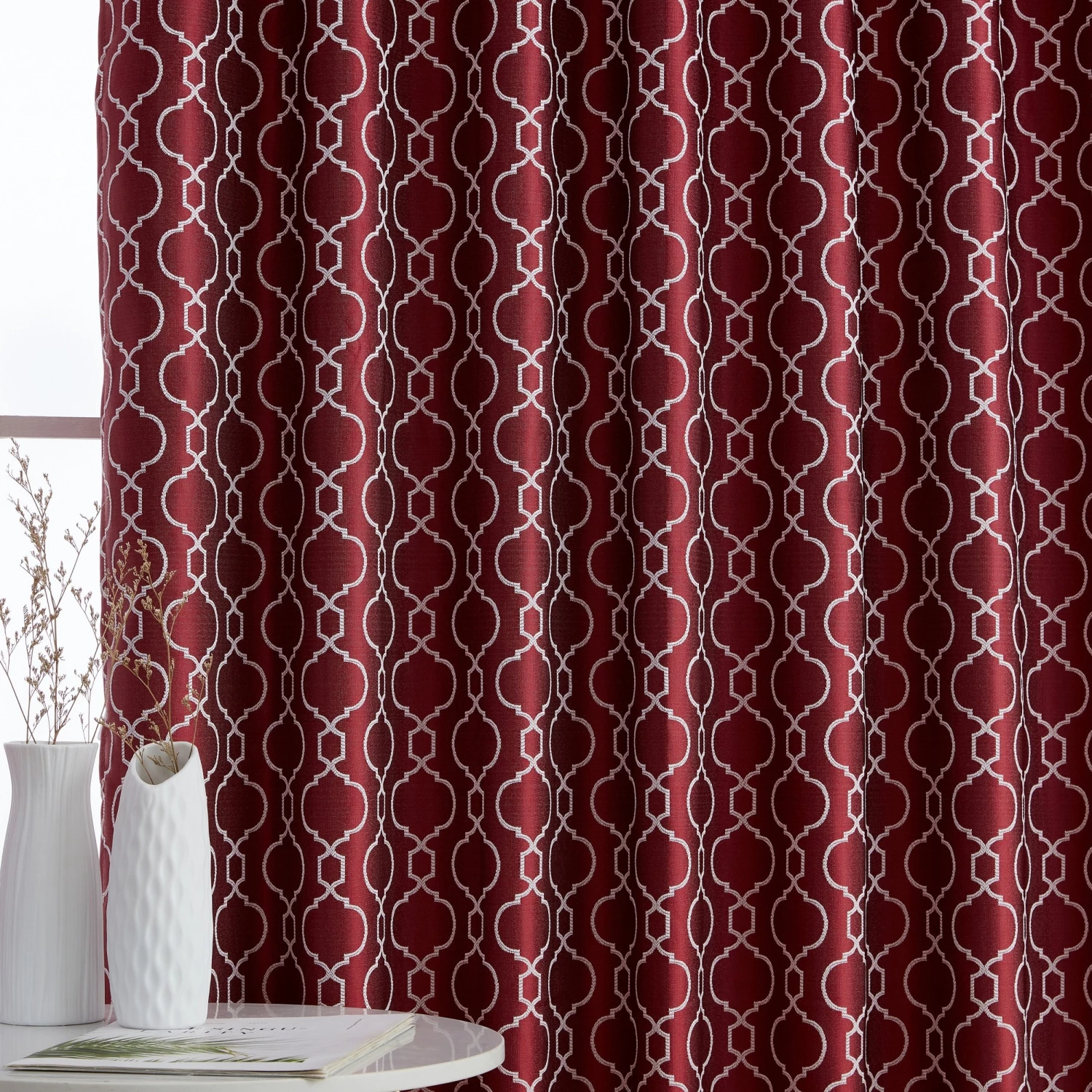 HLC.ME Blackout Curtains Franklin Moroccan Trellis 100% Complete Blackout Back Tab Curtains - Burgundy - Set Of 2 6 HLC.ME Blackout Curtains Franklin Moroccan Trellis 100% Complete Blackout Back Tab Curtains - Burgundy - Set Of 2