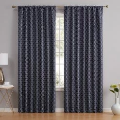 HLC.ME Franklin Moroccan Trellis 100% Complete Blackout Back Tab Curtains - Navy Blue - Set Of 2 Blackout Curtains