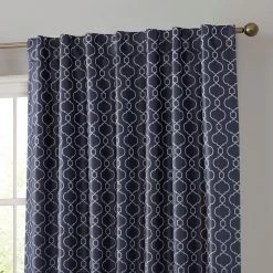 HLC.ME Franklin Moroccan Trellis 100% Complete Blackout Back Tab Curtains - Navy Blue - Set Of 2 Blackout Curtains