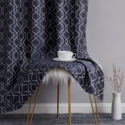 HLC.ME Franklin Moroccan Trellis 100% Complete Blackout Back Tab Curtains - Navy Blue - Set Of 2 Blackout Curtains