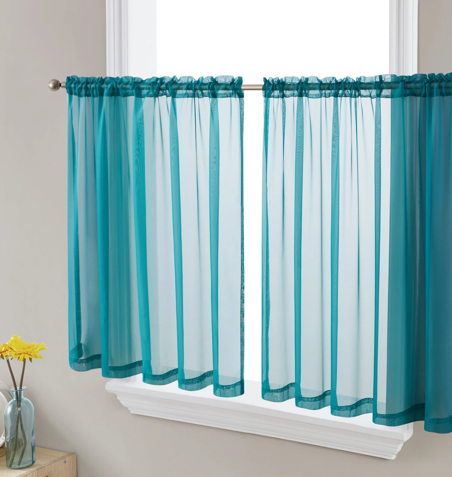 HLC.ME Lucento Sheer Rod Pocket Cafe Tier Panels - Grey Teal - Set Of 2 3 HLC.ME Lucento Sheer Rod Pocket Cafe Tier Panels - Grey Teal - Set Of 2