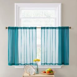 HLC.ME Lucento Sheer Rod Pocket Cafe Tier Panels - Grey Teal - Set Of 2