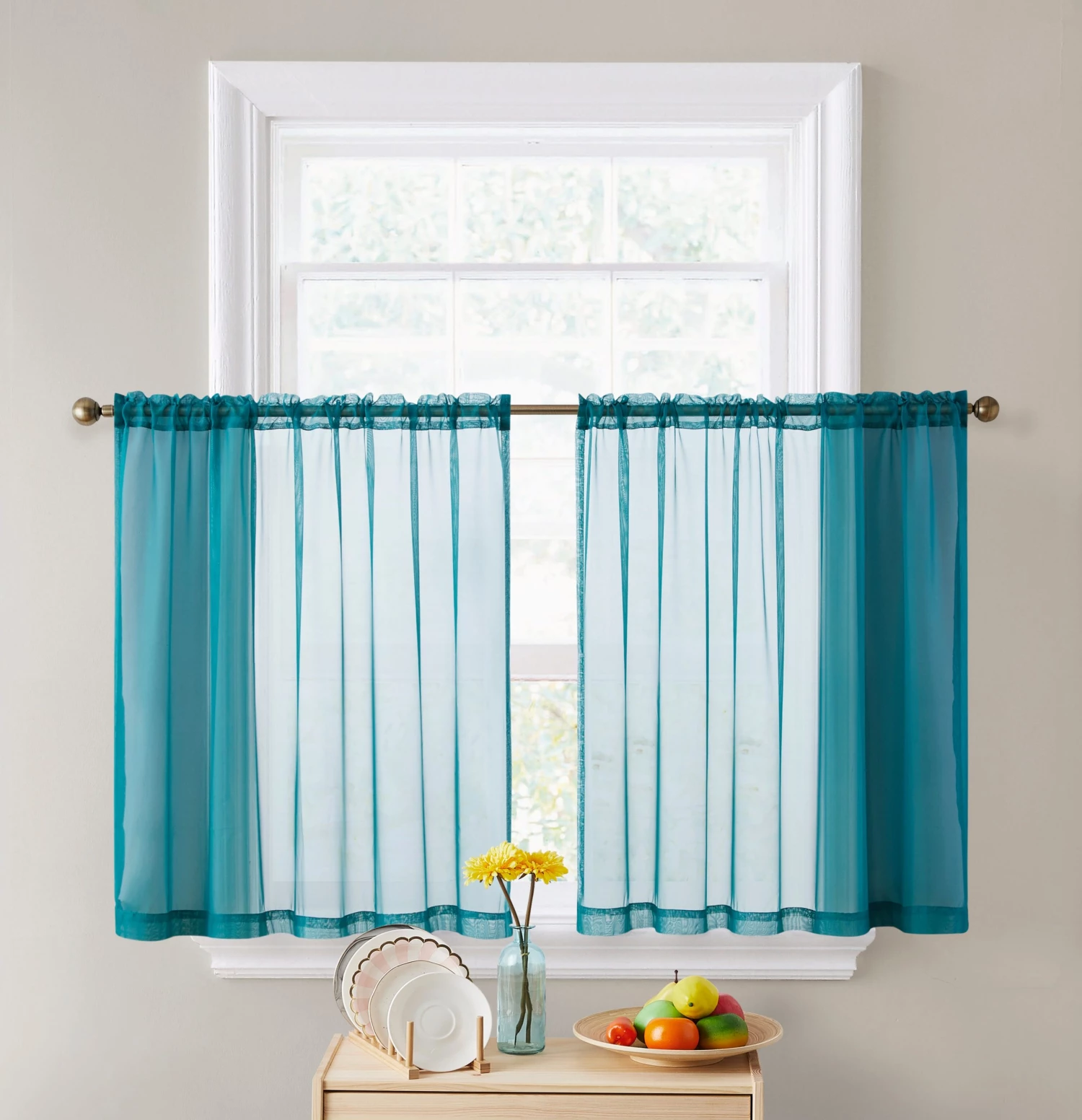 HLC.ME Lucento Sheer Rod Pocket Cafe Tier Panels - Grey Teal - Set Of 2 4 HLC.ME Lucento Sheer Rod Pocket Cafe Tier Panels - Grey Teal - Set Of 2