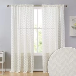 HLC.ME Herringbone Lace Sheer Rod Pocket Curtain Panels - Beige - Set Of 2