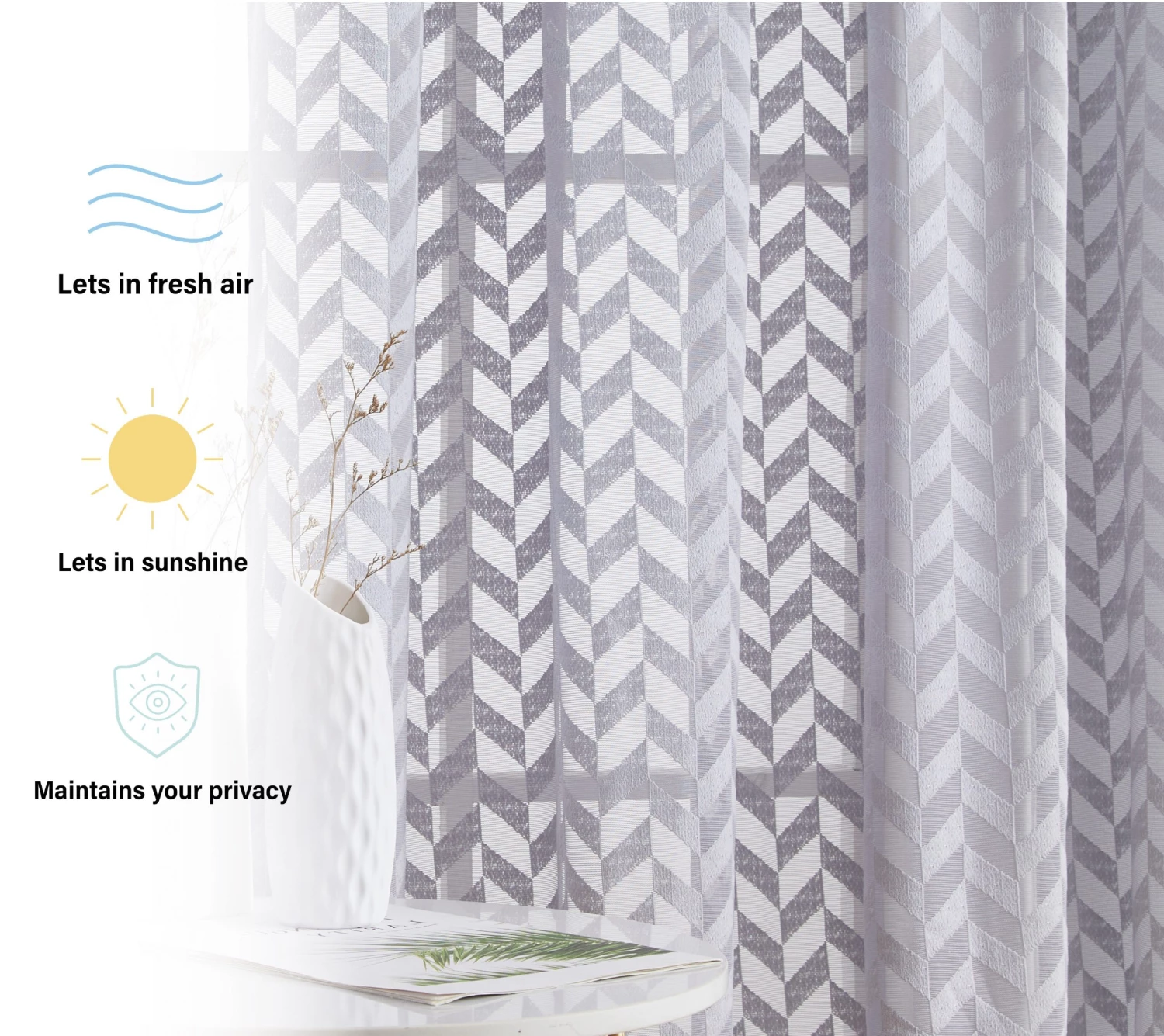 HLC.ME Herringbone Lace Sheer Rod Pocket Cafe Tiers - Grey - Set Of 2 Faux Linen Curtains 5 HLC.ME Herringbone Lace Sheer Rod Pocket Cafe Tiers - Grey - Set Of 2 Faux Linen Curtains