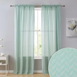 HLC.ME Sheer Curtains Herringbone Lace Sheer Rod Pocket Curtain Panels - Seafoam Green - Set Of 2