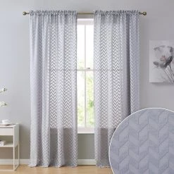 HLC.ME Herringbone Lace Sheer Rod Pocket Curtain Panels - Silver Grey - Set Of 2