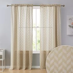 HLC.ME Herringbone Lace Sheer Rod Pocket Curtain Panels - Taupe - Set Of 2 Sheer Curtains