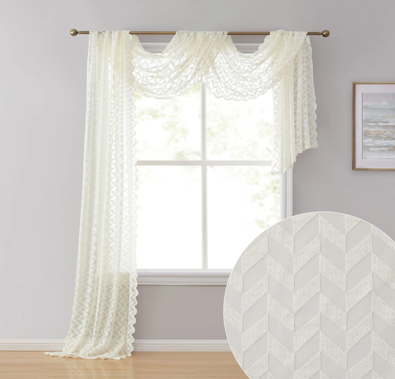 HLC.ME Sheer Curtains Herringbone Lace Sheer Scarf - Beige 3 HLC.ME Sheer Curtains Herringbone Lace Sheer Scarf - Beige