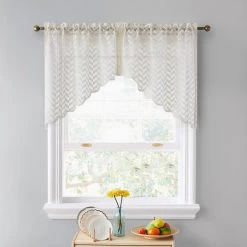 HLC.ME Faux Linen Curtains Herringbone Lace Sheer Rod Pocket Curtain Swags - Beige - Set Of 2