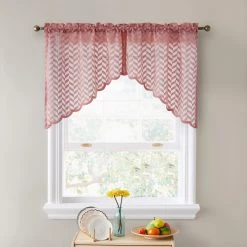 HLC.ME Herringbone Lace Sheer Rod Pocket Curtain Swags - Blush Pink - Set Of 2 Faux Linen Curtains