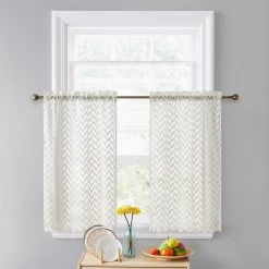 HLC.ME Herringbone Lace Sheer Rod Pocket Cafe Tiers - Beige - Set Of 2