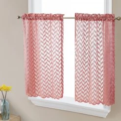 HLC.ME Faux Linen Curtains Herringbone Lace Sheer Rod Pocket Cafe Tiers - Blush Pink - Set Of 2