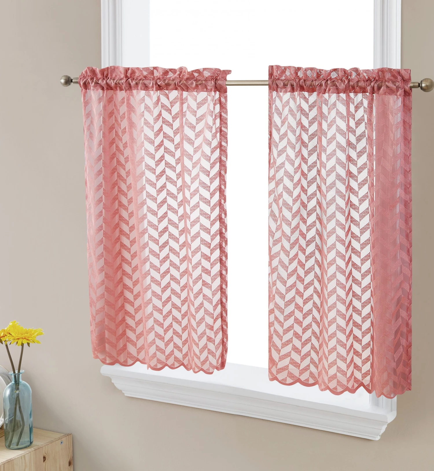 HLC.ME Faux Linen Curtains Herringbone Lace Sheer Rod Pocket Cafe Tiers - Blush Pink - Set Of 2 3 HLC.ME Faux Linen Curtains Herringbone Lace Sheer Rod Pocket Cafe Tiers - Blush Pink - Set Of 2