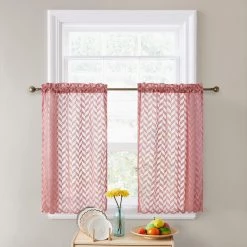 HLC.ME Faux Linen Curtains Herringbone Lace Sheer Rod Pocket Cafe Tiers - Blush Pink - Set Of 2