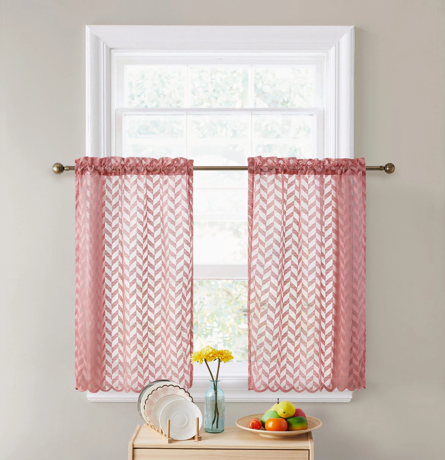 HLC.ME Faux Linen Curtains Herringbone Lace Sheer Rod Pocket Cafe Tiers - Blush Pink - Set Of 2 4 HLC.ME Faux Linen Curtains Herringbone Lace Sheer Rod Pocket Cafe Tiers - Blush Pink - Set Of 2