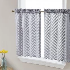 HLC.ME Herringbone Lace Sheer Rod Pocket Cafe Tiers - Grey - Set Of 2 Faux Linen Curtains