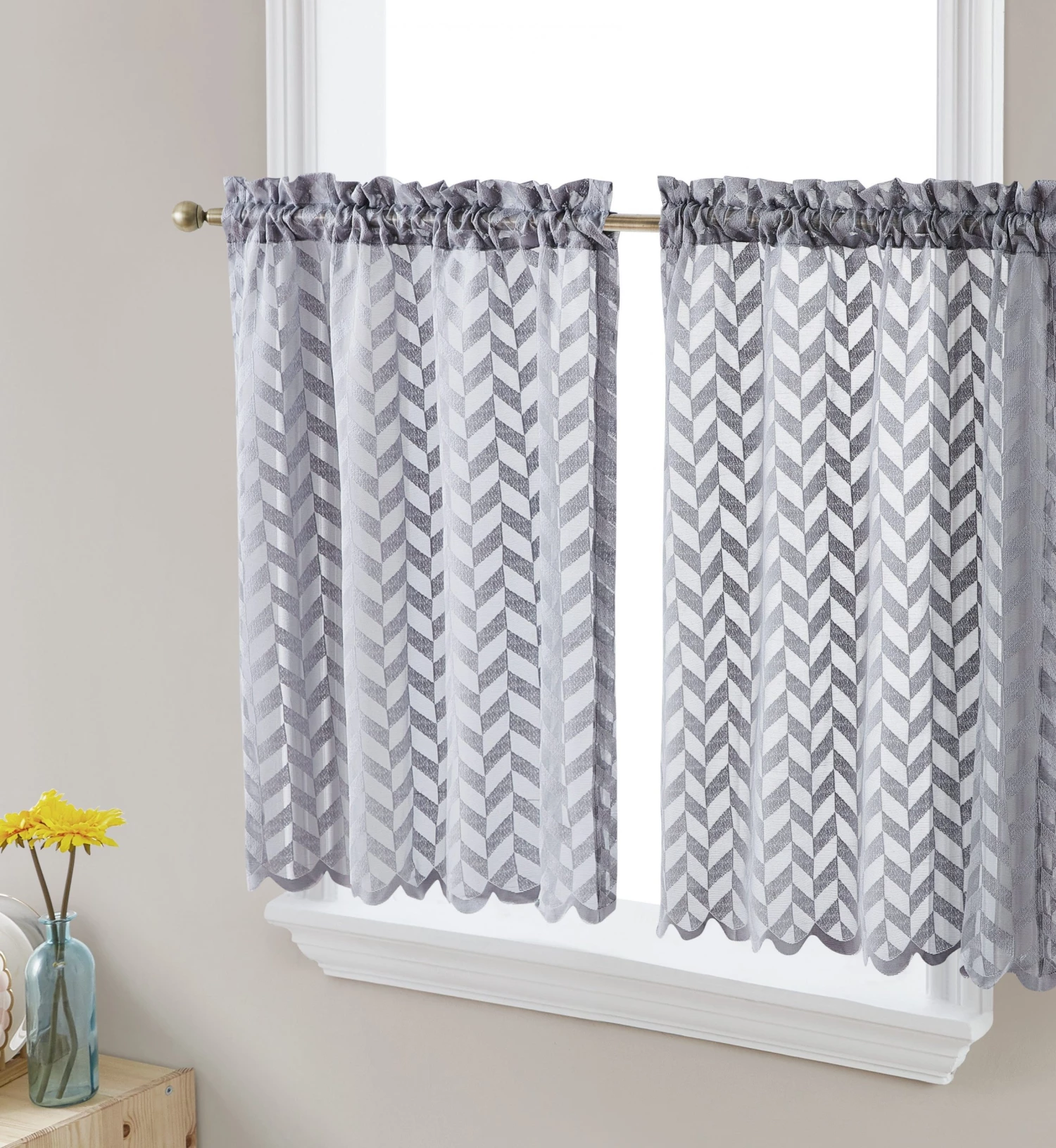 HLC.ME Herringbone Lace Sheer Rod Pocket Cafe Tiers - Grey - Set Of 2 Faux Linen Curtains 3 HLC.ME Herringbone Lace Sheer Rod Pocket Cafe Tiers - Grey - Set Of 2 Faux Linen Curtains