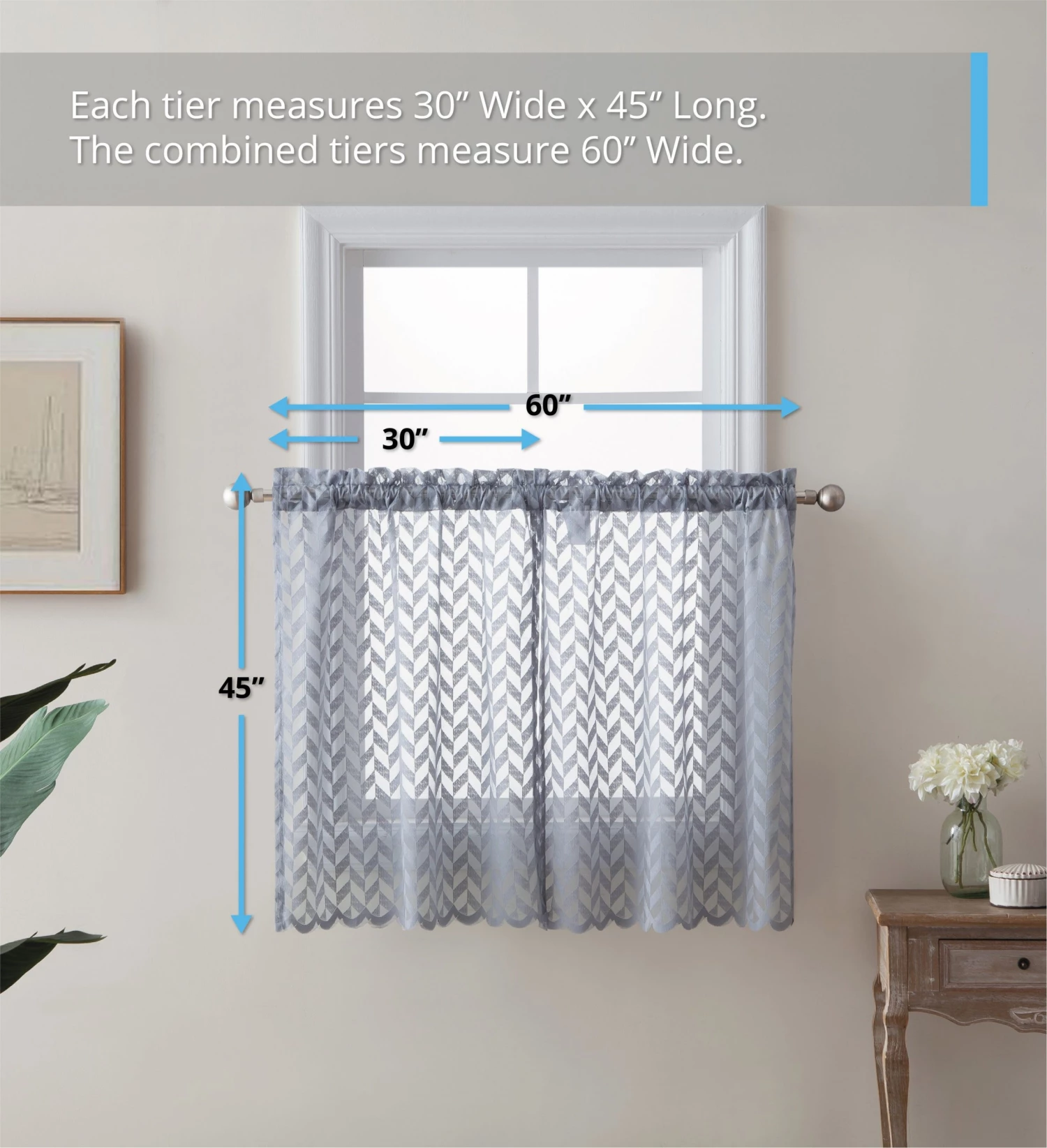 HLC.ME Herringbone Lace Sheer Rod Pocket Cafe Tiers - Grey - Set Of 2 Faux Linen Curtains 4 HLC.ME Herringbone Lace Sheer Rod Pocket Cafe Tiers - Grey - Set Of 2 Faux Linen Curtains