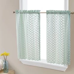 HLC.ME Faux Linen Curtains Herringbone Lace Sheer Rod Pocket Cafe Tiers - Seafoam Green - Set Of 2