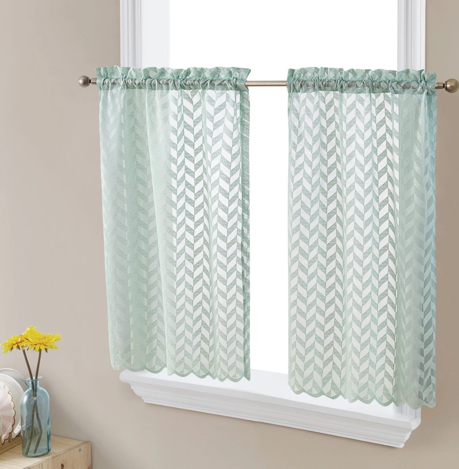 HLC.ME Faux Linen Curtains Herringbone Lace Sheer Rod Pocket Cafe Tiers - Seafoam Green - Set Of 2 3 HLC.ME Faux Linen Curtains Herringbone Lace Sheer Rod Pocket Cafe Tiers - Seafoam Green - Set Of 2