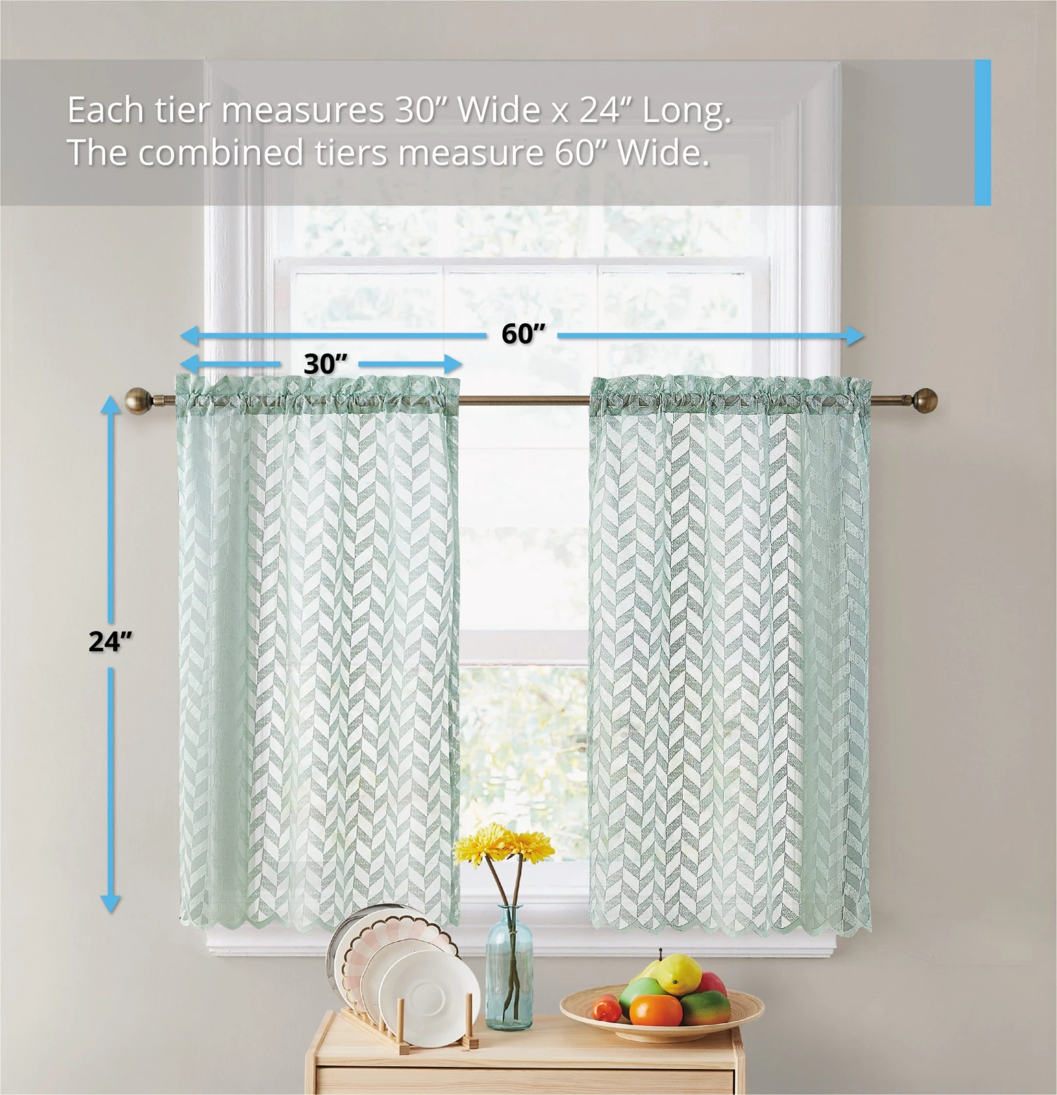 HLC.ME Faux Linen Curtains Herringbone Lace Sheer Rod Pocket Cafe Tiers - Seafoam Green - Set Of 2 5 HLC.ME Faux Linen Curtains Herringbone Lace Sheer Rod Pocket Cafe Tiers - Seafoam Green - Set Of 2