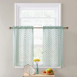 HLC.ME Faux Linen Curtains Herringbone Lace Sheer Rod Pocket Cafe Tiers - Seafoam Green - Set Of 2