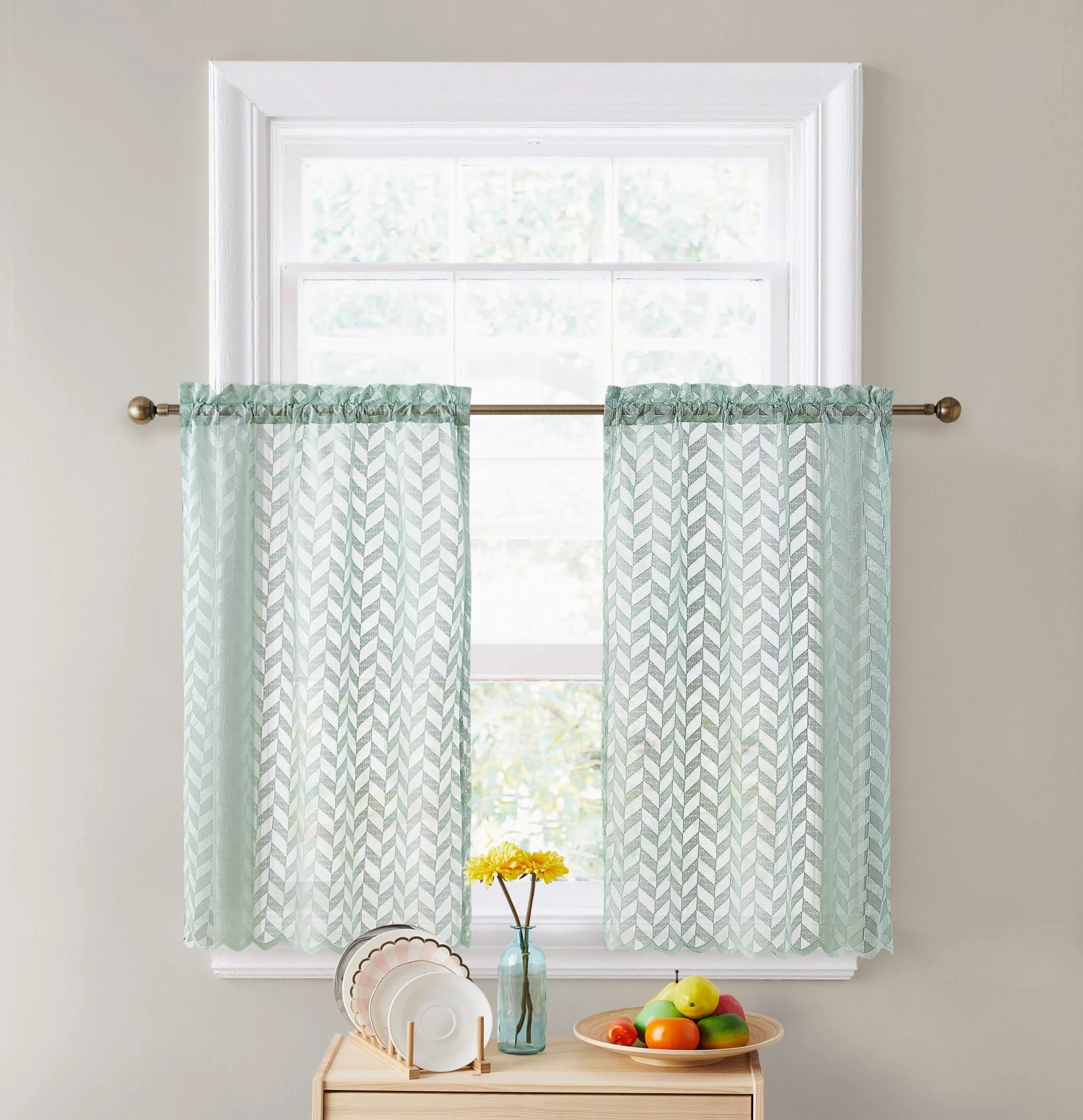 HLC.ME Faux Linen Curtains Herringbone Lace Sheer Rod Pocket Cafe Tiers - Seafoam Green - Set Of 2 4 HLC.ME Faux Linen Curtains Herringbone Lace Sheer Rod Pocket Cafe Tiers - Seafoam Green - Set Of 2