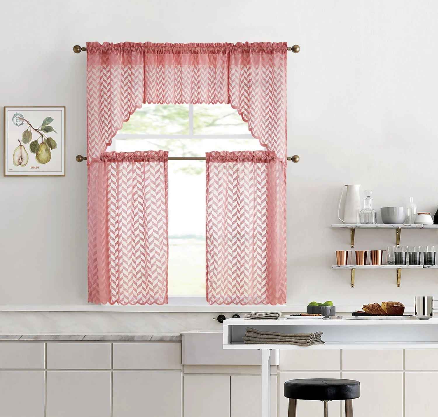 HLC.ME Faux Linen Curtains Herringbone Lace Sheer Rod Pocket Cafe Tiers - Blush Pink - Set Of 2 9 HLC.ME Faux Linen Curtains Herringbone Lace Sheer Rod Pocket Cafe Tiers - Blush Pink - Set Of 2