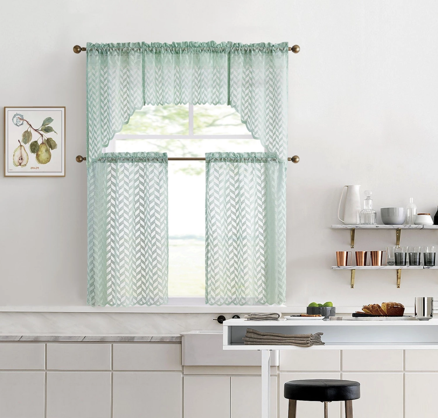 HLC.ME Faux Linen Curtains Herringbone Lace Sheer Rod Pocket Cafe Tiers - Seafoam Green - Set Of 2 9 HLC.ME Faux Linen Curtains Herringbone Lace Sheer Rod Pocket Cafe Tiers - Seafoam Green - Set Of 2