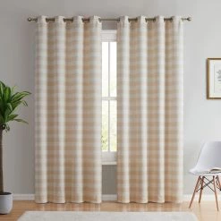 HLC.ME Hilltop Buffalo Check Textured Grommet Curtain Panels - Beige - Set Of 2 Faux Linen Curtains