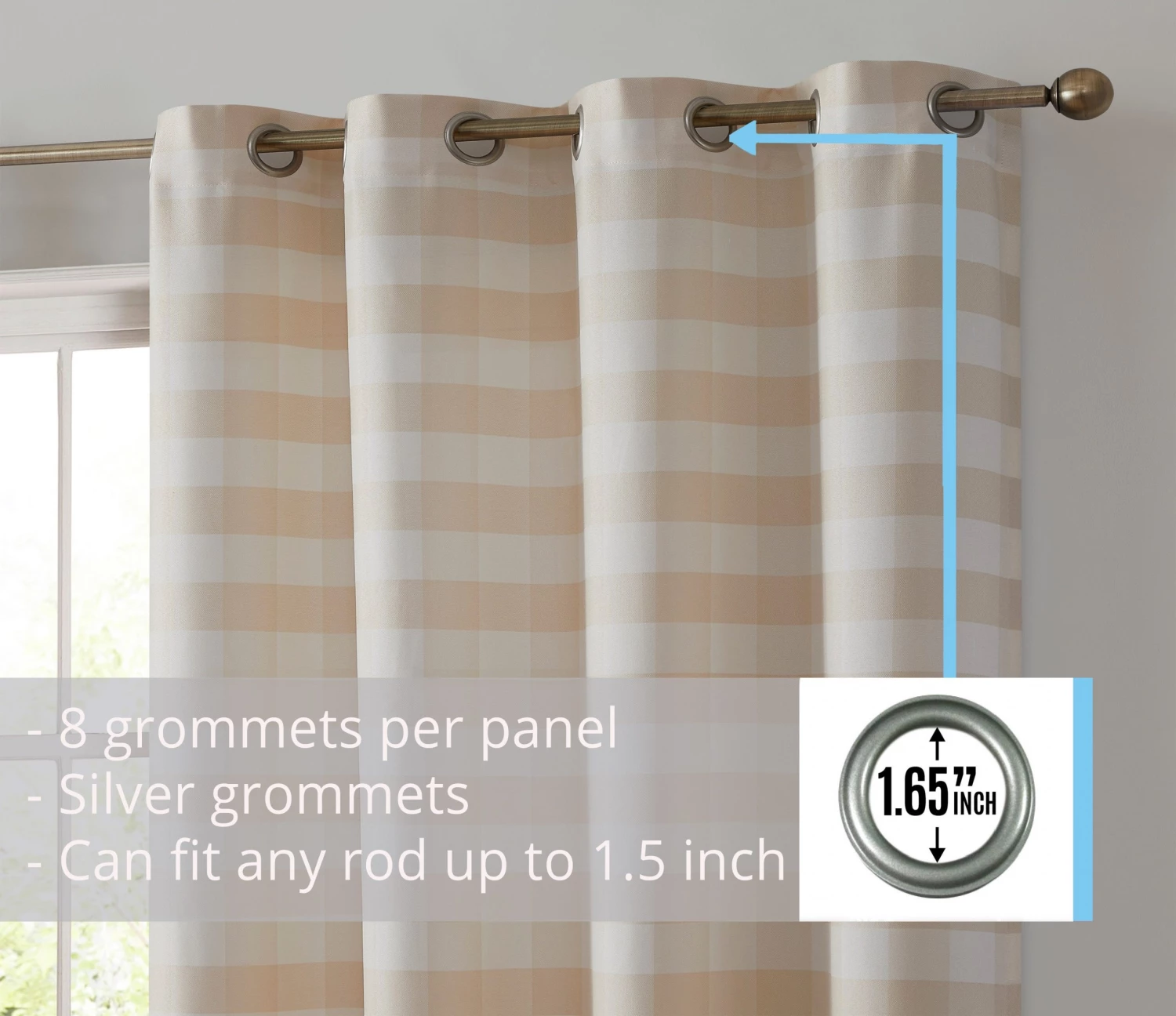 HLC.ME Hilltop Buffalo Check Textured Grommet Curtain Panels - Beige - Set Of 2 Faux Linen Curtains 4 HLC.ME Hilltop Buffalo Check Textured Grommet Curtain Panels - Beige - Set Of 2 Faux Linen Curtains
