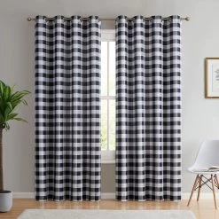 HLC.ME Hilltop Buffalo Check Textured Grommet Curtain Panels - Black - Set Of 2