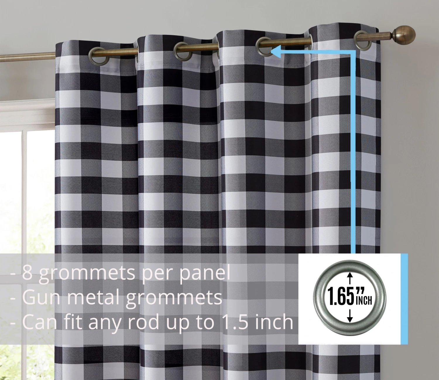 HLC.ME Hilltop Buffalo Check Textured Grommet Curtain Panels - Black - Set Of 2 4 HLC.ME Hilltop Buffalo Check Textured Grommet Curtain Panels - Black - Set Of 2