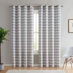 HLC.ME Hilltop Buffalo Check Textured Grommet Curtain Panels - Dove Grey - Set Of 2 Faux Linen Curtains