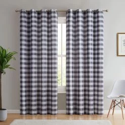 HLC.ME Faux Linen Curtains Hilltop Buffalo Check Textured Grommet Curtain Panels - Grey - Set Of 2