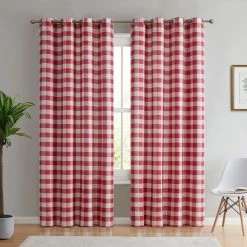 HLC.ME Hilltop Buffalo Check Grommet Curtain Panels - Red - Set Of 2 Faux Linen Curtains