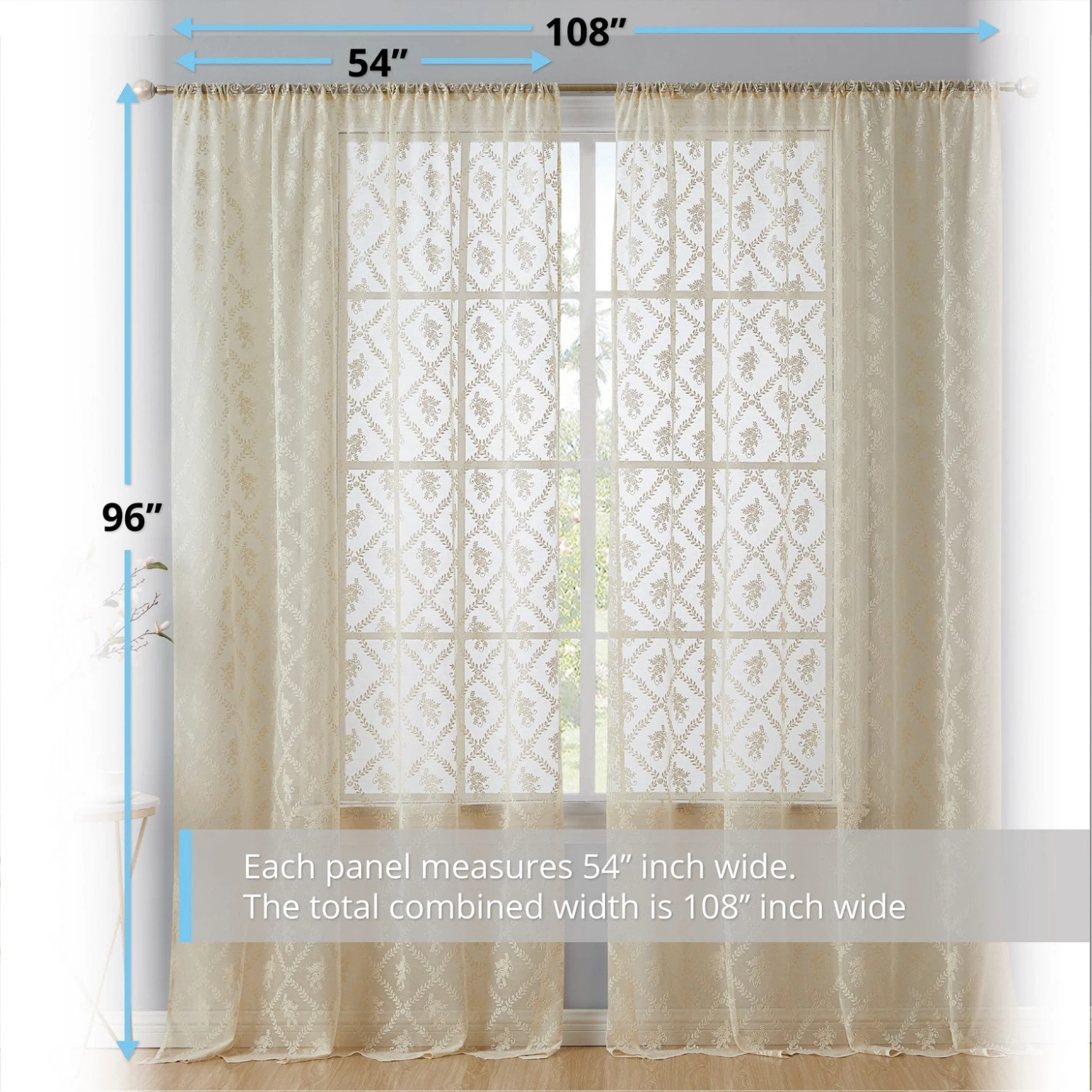 HLC.ME Isabella Floral Sheer Rod Pocket Curtain Panels - Beige - Set Of 2 5 HLC.ME Isabella Floral Sheer Rod Pocket Curtain Panels - Beige - Set Of 2
