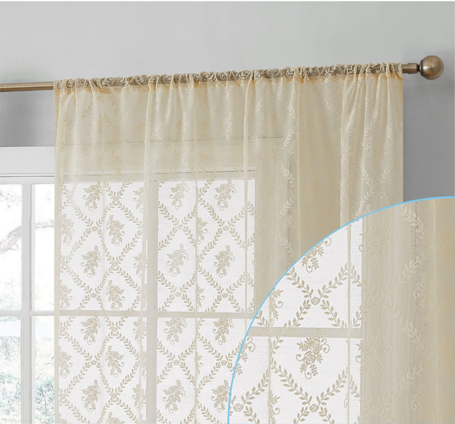 HLC.ME Isabella Floral Sheer Rod Pocket Curtain Panels - Beige - Set Of 2 3 HLC.ME Isabella Floral Sheer Rod Pocket Curtain Panels - Beige - Set Of 2