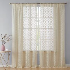 HLC.ME Isabella Floral Sheer Rod Pocket Curtain Panels - Beige - Set Of 2 11 HLC.ME Isabella Floral Sheer Rod Pocket Curtain Panels - Beige - Set Of 2