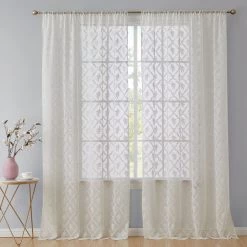 HLC.ME Sheer Curtains Isabella Floral Sheer Rod Pocket Curtain Panels - Ivory - Set Of 2