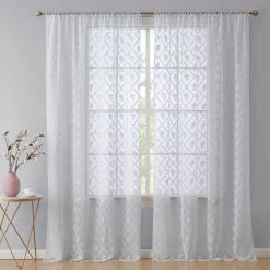 HLC.ME Sheer Curtains Isabella Floral Sheer Rod Pocket Curtain Panels - White - Set Of 2