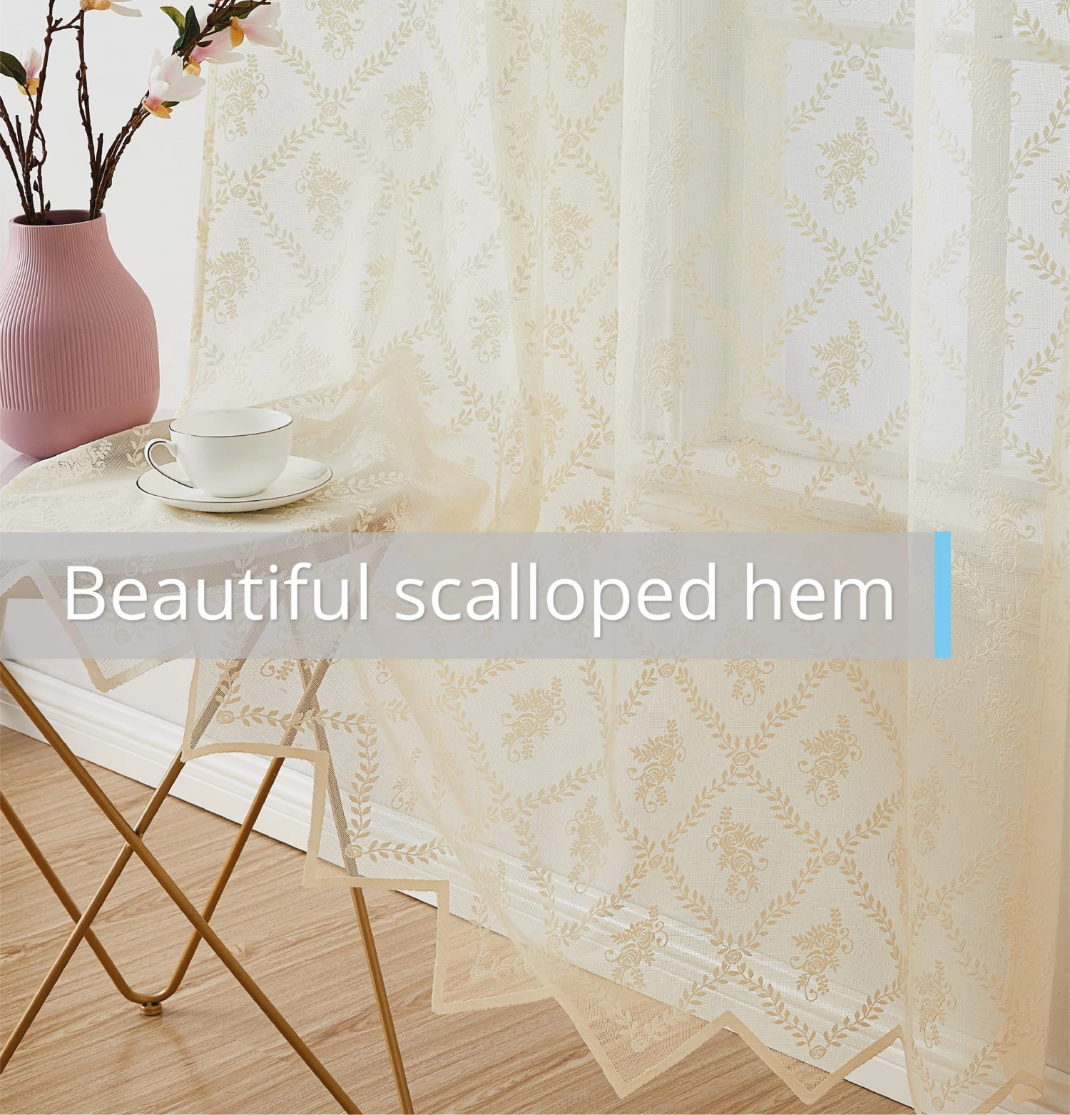 HLC.ME Isabella Floral Sheer Rod Pocket Cafe Tier Panels - Beige - Set Of 2 Faux Linen Curtains 7 HLC.ME Isabella Floral Sheer Rod Pocket Cafe Tier Panels - Beige - Set Of 2 Faux Linen Curtains