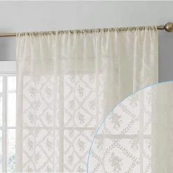 HLC.ME Sheer Curtains Isabella Floral Sheer Rod Pocket Curtain Panels - Ivory - Set Of 2