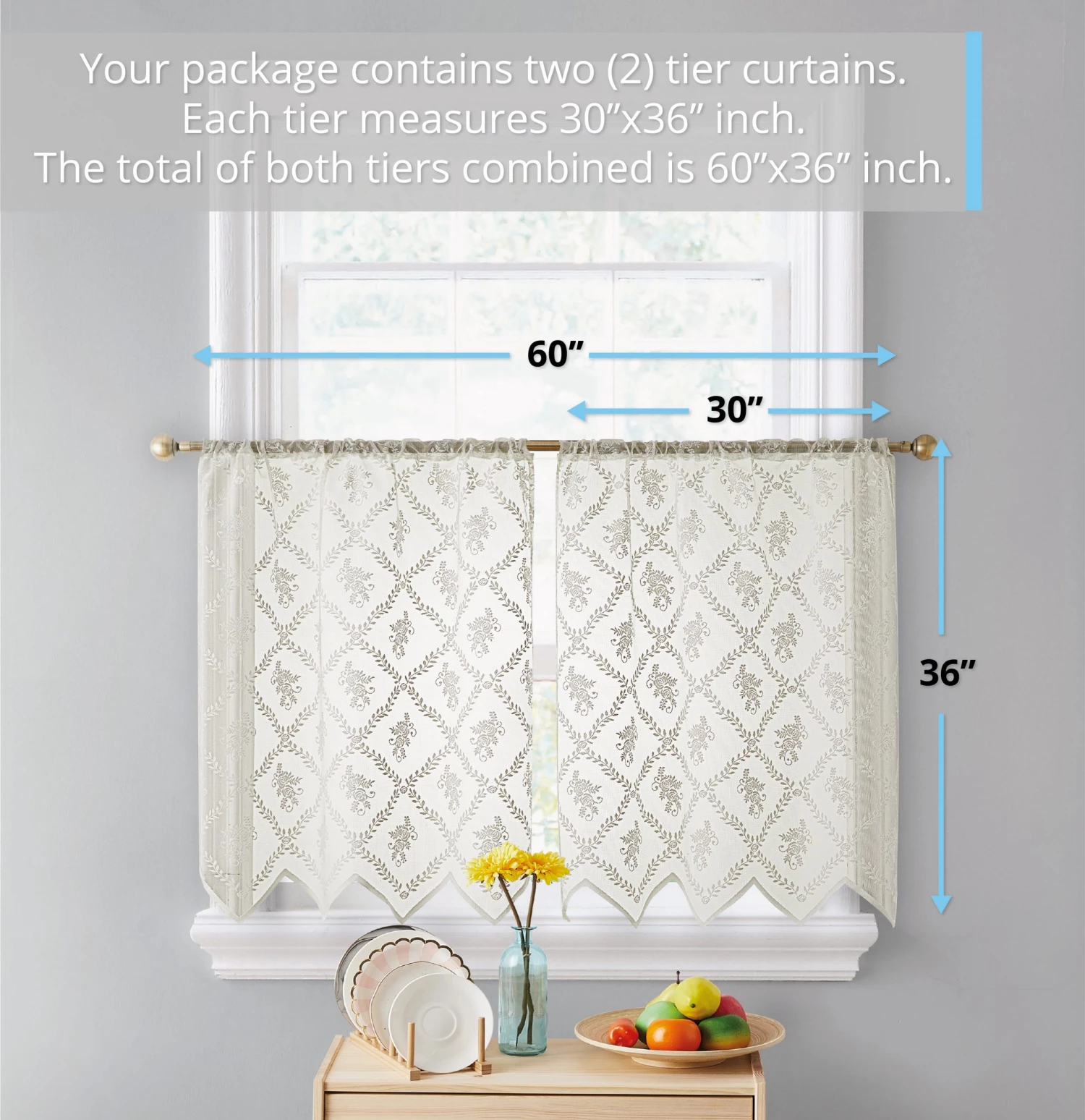 HLC.ME Isabella Floral Sheer Rod Pocket Cafe Tier Panels - Ivory - Set Of 2 Faux Linen Curtains 4 HLC.ME Isabella Floral Sheer Rod Pocket Cafe Tier Panels - Ivory - Set Of 2 Faux Linen Curtains