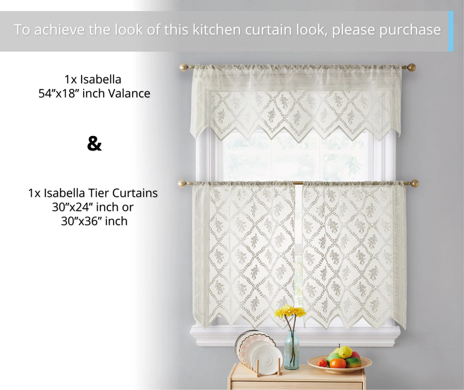 HLC.ME Isabella Floral Sheer Rod Pocket Cafe Tier Panels - Ivory - Set Of 2 Faux Linen Curtains 5 HLC.ME Isabella Floral Sheer Rod Pocket Cafe Tier Panels - Ivory - Set Of 2 Faux Linen Curtains