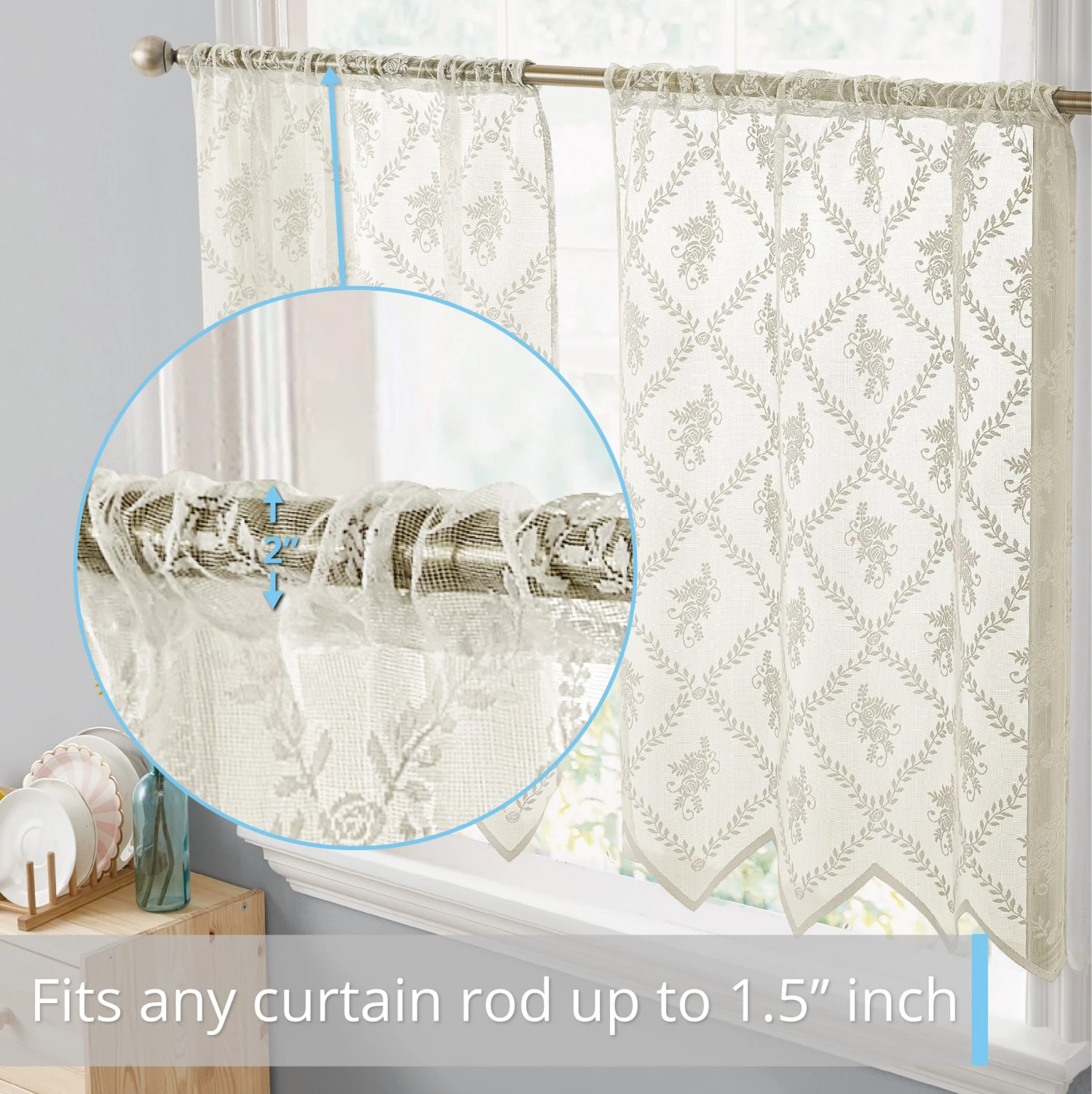HLC.ME Isabella Floral Sheer Rod Pocket Cafe Tier Panels - Ivory - Set Of 2 Faux Linen Curtains 6 HLC.ME Isabella Floral Sheer Rod Pocket Cafe Tier Panels - Ivory - Set Of 2 Faux Linen Curtains