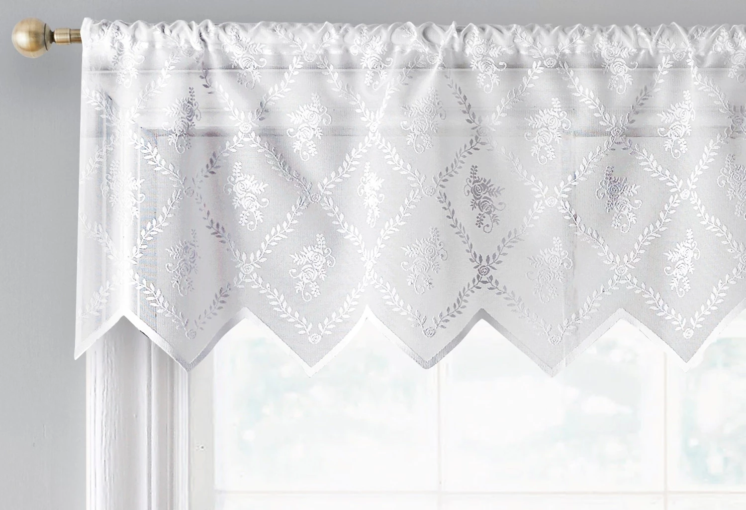 HLC.ME Faux Linen Curtains Isabella Floral Sheer Rod Pocket Valance - White 3 HLC.ME Faux Linen Curtains Isabella Floral Sheer Rod Pocket Valance - White