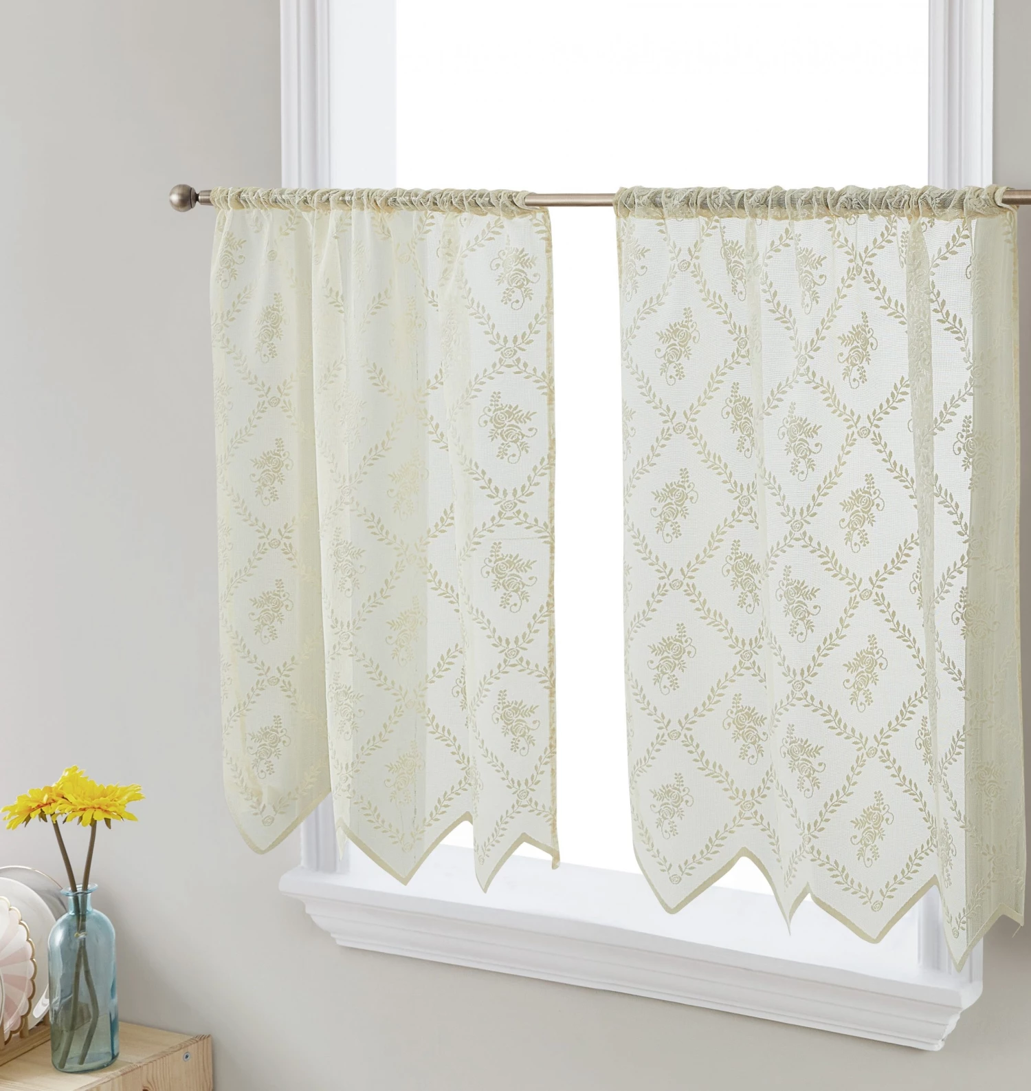 HLC.ME Isabella Floral Sheer Rod Pocket Cafe Tier Panels - Beige - Set Of 2 Faux Linen Curtains 3 HLC.ME Isabella Floral Sheer Rod Pocket Cafe Tier Panels - Beige - Set Of 2 Faux Linen Curtains